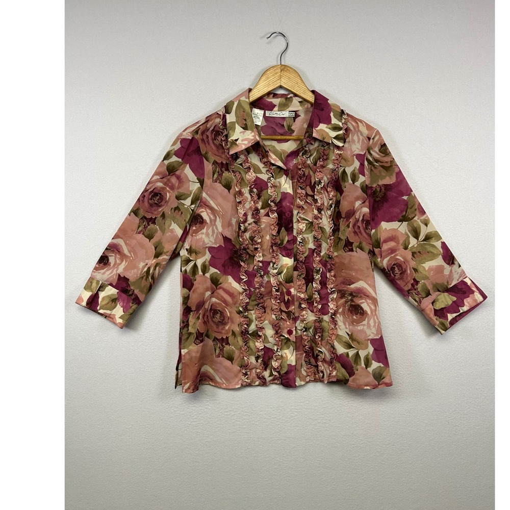 Cottagecore Cathy Che Womens 10 Pink Floral Rose Ruffle Button Up 3/4 Sleeve Top